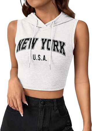 Verdusa Women's Casual Letter Graphic Sleeveless Drawstring Hooded Crop Tank Top White L at Amazon Women’s Clothing store