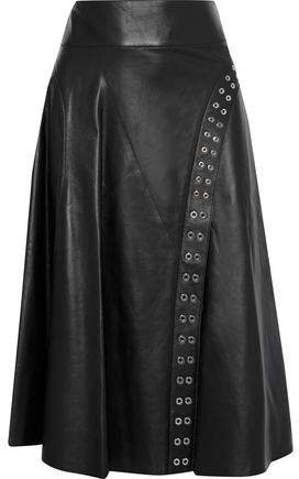 Eyelet-embellished Leather Midi Skirt