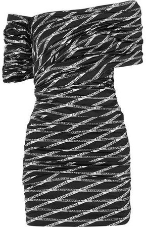 Off-the-shoulder Ruched Printed Stretch-satin Mini Dress - Black