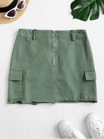 [39% OFF] [HOT] 2020 ZAFUL Flap Pockets Half Zip Cargo Mini Skirt In CAMOUFLAGE GREEN | ZAFUL
