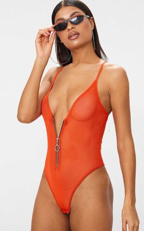 Orange Mesh Zip Front Thong Bodysuit | PrettyLittleThing USA