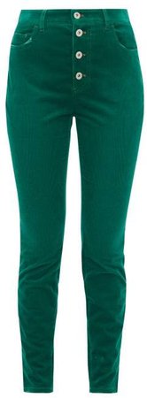Distressed Cotton Blend Corduroy Slim Leg Trousers - Womens - Green