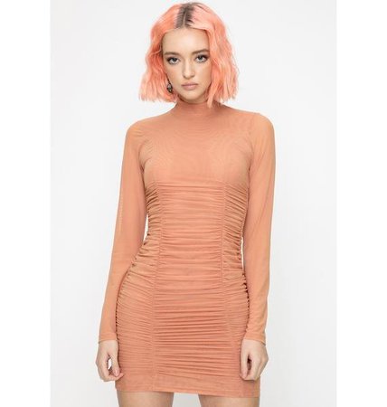 Kiki Riki Ruched Long Sleeve Sheer Mini Dress Orange | Dolls Kill
