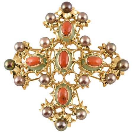 Exquisite Tony Duquette Chrysoprase, Coral and Black Pearl Gold Brooch Pin For Sale at 1stdibs
