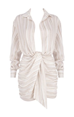 Clothing : Mini Dresses : 'Yaya' Natural Striped Linen Draped Shirt Dress