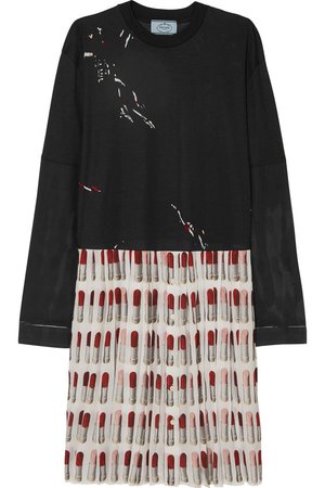Prada | Printed cotton-jersey and pleated silk crepe de chine dress | NET-A-PORTER.COM
