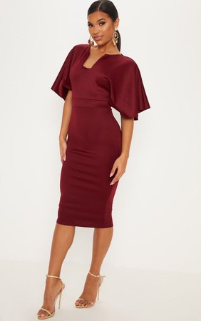 Burgundy Plunge Cape Sleeve Midi Dress | PrettyLittleThing USA