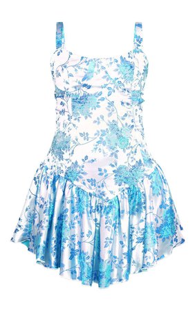 Pale Blue Floral Jacquard Frill Hem Bodycon Dress | PrettyLittleThing USA