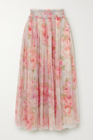 Pink Ruby Bloom smocked ruffled floral-print tulle midi skirt | Needle & Thread | NET-A-PORTER