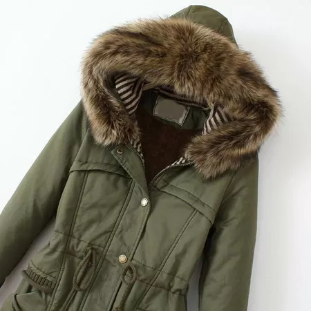 Army Green Faux Fur Hooded Drawstring Slim Coat | SHEIN USA