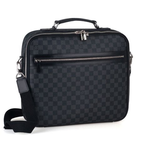Men's Latest Louis Vuitton Damier Flat Top Handle Silver Pad Lock Zipper Detail Black Canvas Computer Bag