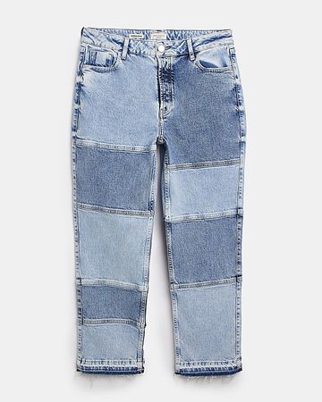 Blue mid rise patched straight leg jeans | River Island