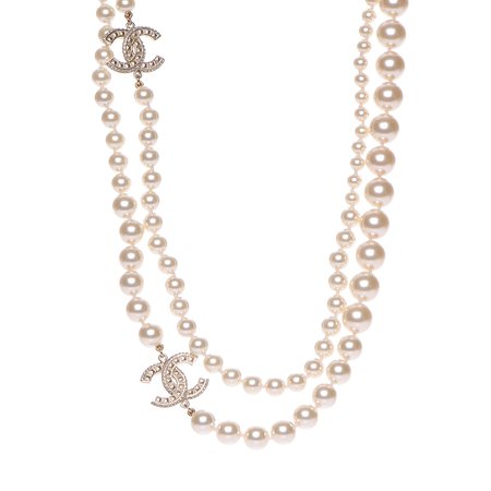 Fashionphile CHANEL Graduated Pearl Crystal CC Long Necklace Light Gold