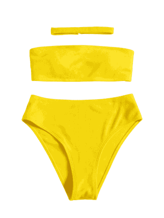 Ribbed High Waisted Bikini Set With Choker YELLOW: Bikinis L | ZAFUL