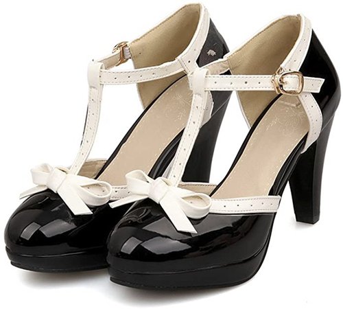 Amazon.com | ForeMode Fashion Women T-Strap High Heels Bow Platform Round Toe Pumps Patent Leather Summer Lolita Sweet Shoes（Black，8） | Pumps