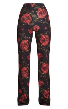 Red Crepe Floral Wide Leg Pants