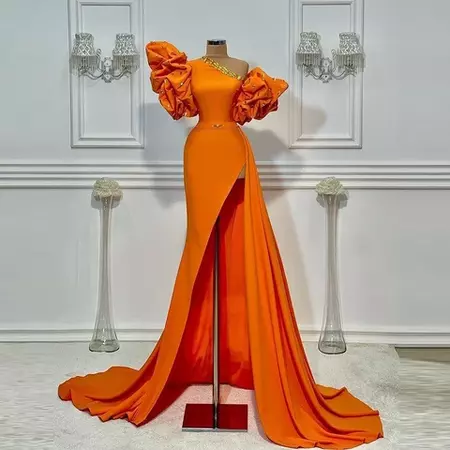 Orange Two Pieces Prom Dresses With Puff Sleeves High Split African Wmen Party Gowns Latern Sleeve Aso Ebi Evening Gown|Prom Dresses| - AliExpress