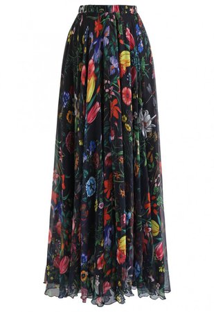 Tropical Flowering Watercolor Maxi Skirt in Black - Skirt - BOTTOMS - Retro, Indie and Unique Fashion