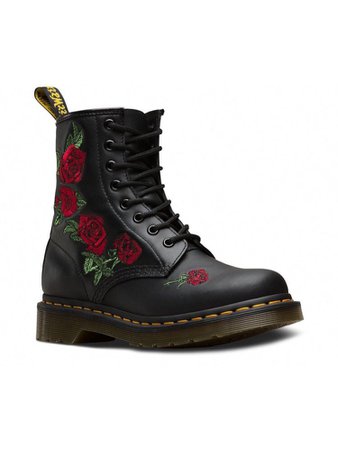 Black and red rose ankle combat boots