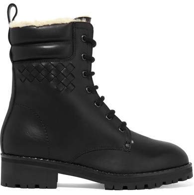 Shearling-lined Intrecciato Leather Ankle Boots - Black