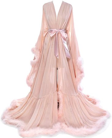 Molisa Women's Sexy Feather Bridal Robe Long Wedding Scarf Illusion Bathrobe Sleepwear Lingerie Robe Nightgown Blush S/M at Amazon Women’s Clothing store