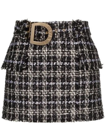 BALMAIN Logo-buckle Cotton-blend Tweed Mini Skirt In Black