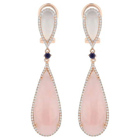 Pink Opal,Blue Chalcedony,Blue Sapphire and Diamond Earring 14 Karat Rose Gold