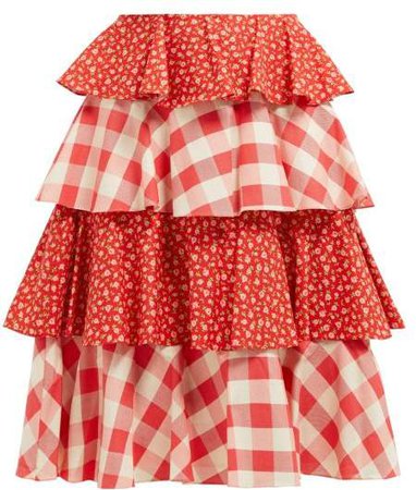 Batsheva - Gingham And Floral Print Tiered Cotton Skirt - Womens - Red White