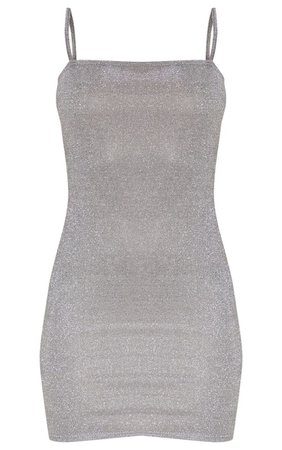Silver Glitter Strappy Square Neck Bodycon Dres | PrettyLittleThing USA