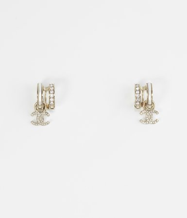 Earrings, metal & strass, gold, crystal & pearly white - CHANEL