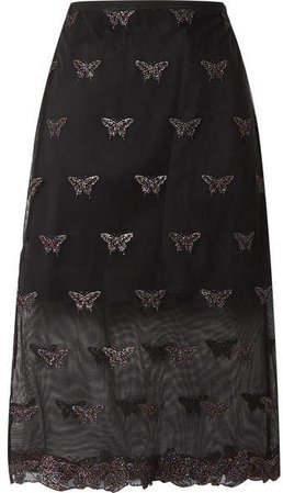 Metallic Embroidered Cotton-blend Tulle Midi Skirt - Black