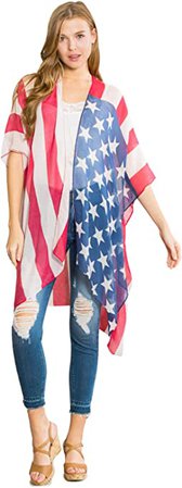 American Flag Patriotic Shawl Wrap Cardi - July 4 USA Stars Stripes Open Kimono Cardigan, Long Vest, Scarf (Kimono Cardi - Graphic Flag) at Amazon Women’s Clothing store