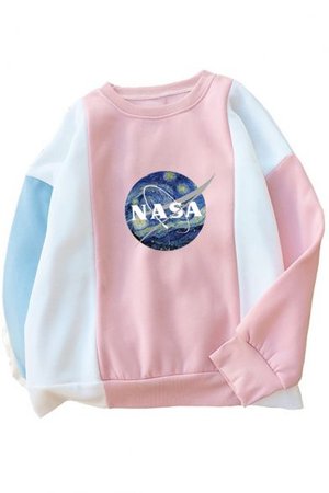NASA Letter Painting Printed Color Block Round Neck Long Sleeve
