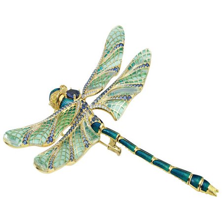 Plique A Jour, Guilloche Enamel and Sapphire flexible dragon fly brooch