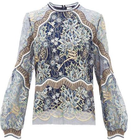 Long Sleeved Floral Lace Top - Womens - Navy Gold
