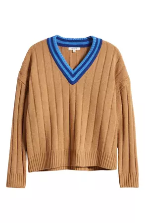 Madewell Tipped V-Neck Oversize Wool Blend Sweater | Nordstrom