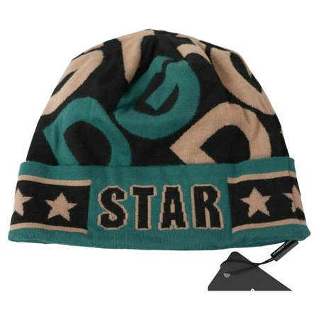 Dolce and Gabbana Green Black Beige Wool Beanie Star Hat with DG Logo One Size For Sale at 1stDibs