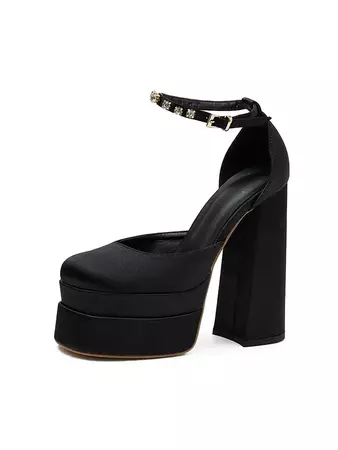 Pair Of Satin Platform Chunky Heels Ankle Strap Pumps Thick Bottom Shoes In BLACK | ZAFUL 2024