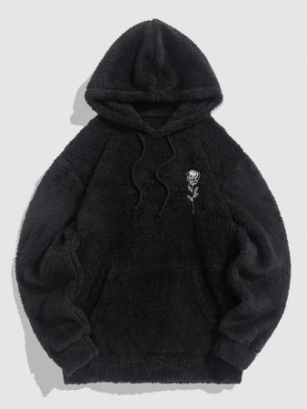 ZAFUL Kangaroo Pocket Fluffy Fleece Rose Embroidered Hoodie In BLACK | ZAFUL 2023