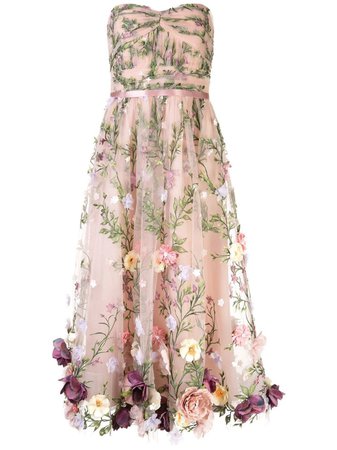 Strapless 3D Floral Embroidered Tea Length Dress – Marchesa