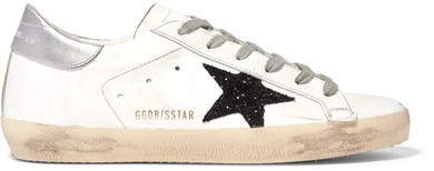 Superstar Glittered Distressed Leather Sneakers - White