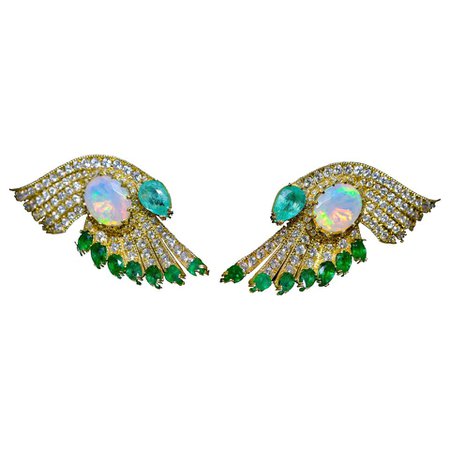 18 Karat Yellow Gold Diamonds Opals Emeralds Drop Earrings For Sale at 1stDibs