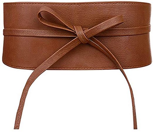 Womens Faux Leather Wide Brown Cinch Belt Waistband Lace Up Wrap Around Obi Bowknot at Amazon Women’s Clothing store