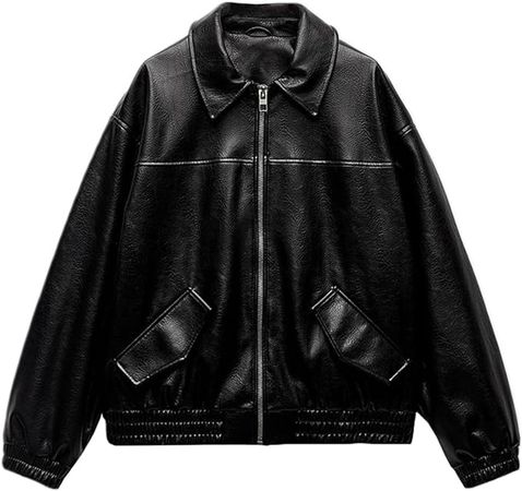 LY VAREY LIN Womens Faux Leather Jacket Long Sleeve Zip Up Casual Bomber Motorcycle Biker Coat(2412Black,S) at Amazon Women's Coats Shop