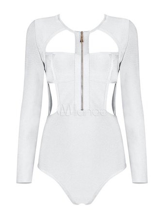 Women's White Bodysuit Cut Out Long Sleeve Zipper Sexy Top - Milanoo.com
