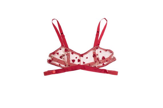 Heart Bralette Bra Lace / Red Hearts French Lace Silk / REBELLE Bralette