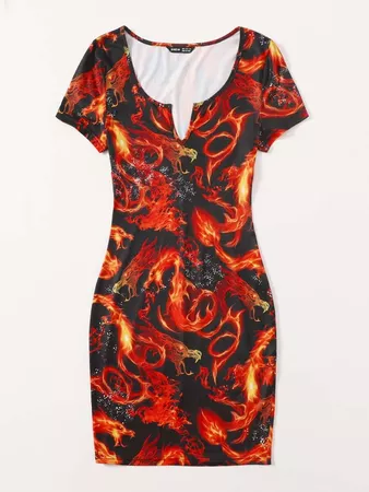 Notched Neck Fire and Chinese Dragon Graphic Dress | SHEIN USA