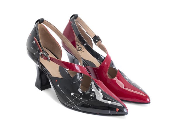 Fluevog Shoes | Shop | Lisa Marie (Red/Black Floral) | Elegant cross-strap heel