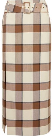Simone Belted Checked Wool-blend Piqué Midi Skirt - Ivory
