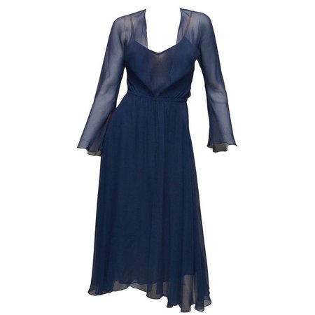 Vintage Halston Navy Blue Chiffon Slip Dress